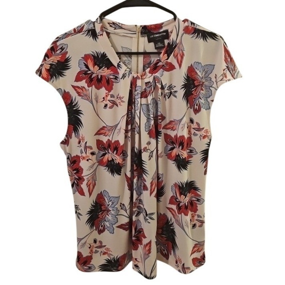 Liz Claiborne Career Floral Cap Sleeve Blouse PXL Petite Pink Red Blue